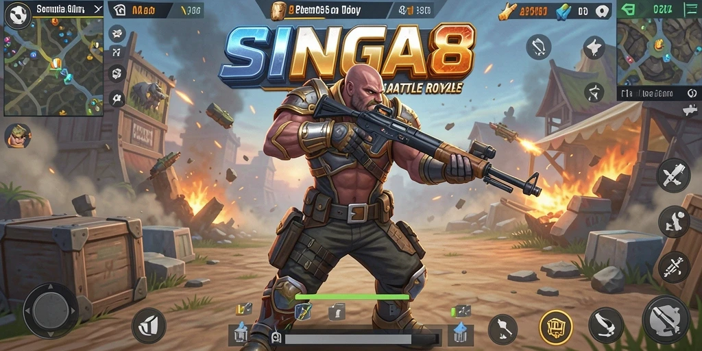 Gameplay SINGA8 menampilkan pertempuran seru di arena Battle Royale.