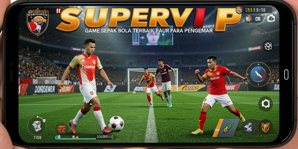 Tangkapan layar utama SUPERVIP menunjukkan aksi seru di lapangan sepak bola.